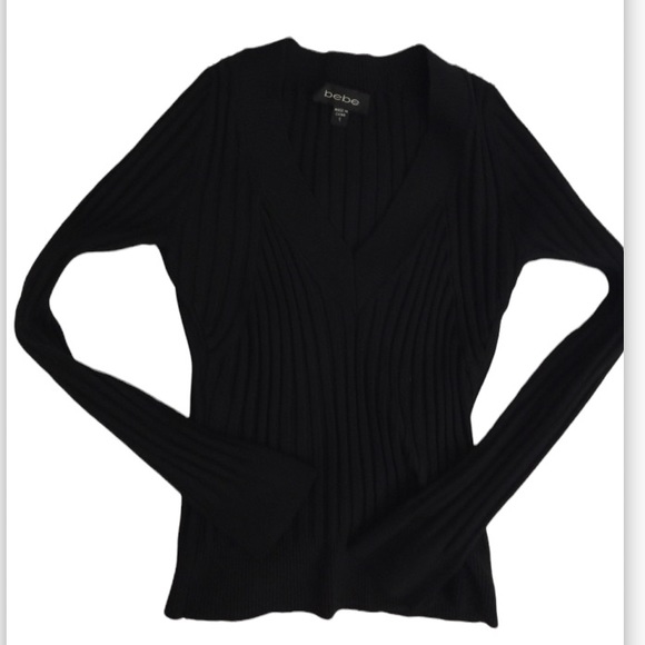bebe Tops - BEBE SILK Black V Neck Ribbed Knit Long Sleeve Blouse
